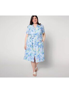 Side Stitch Midi Dress Large Short Sleeve Button Front Tie Waist Aqua Bloom Boho